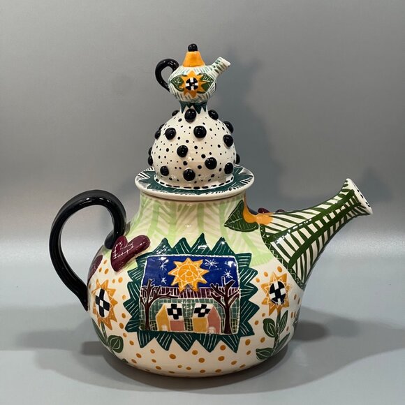 VTG Meg Johnson Whimsical Teapot Hand-painted Floral Handmade Ceramic Pottery - Picture 3 of 9
